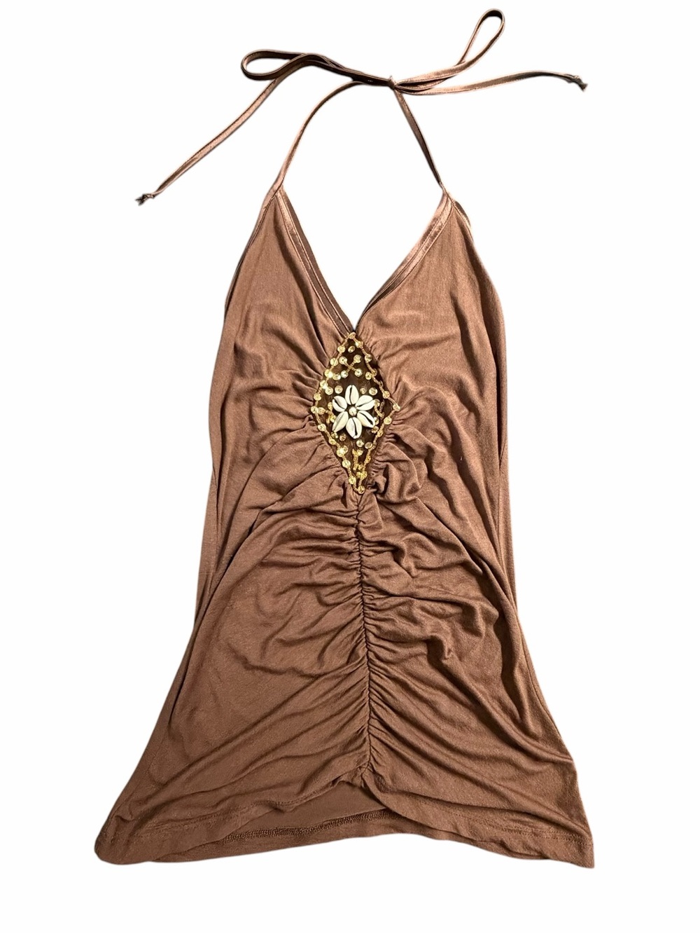 Vintage Charlotte Russe Y2K Brown Ruched Halter Top Size L Fairy Grunge Beachy
